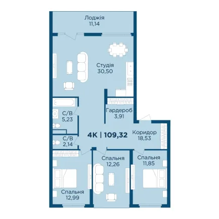 Планування 4-кімнатної квартири 109,32 м² в Hydropark Deluxe