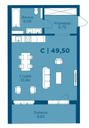 Планування 1-кімнатної квартири 49,50 м² в Hydropark Deluxe