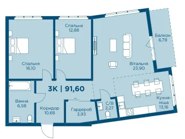 Планування 3-кімнатної квартири 91,60 м² в Hydropark Deluxe