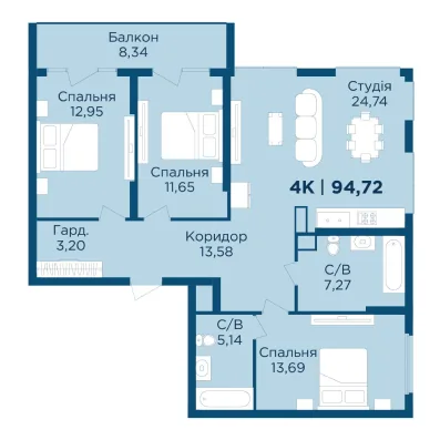Планування 4-кімнатної квартири 94,72 м² в Hydropark Deluxe