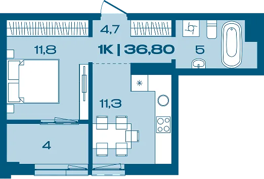 Планування 1-кімнатної квартири 36,80 м² в Porto Franko