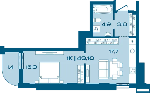 Планування 1-кімнатної квартири 43,10 м² в Porto Franko