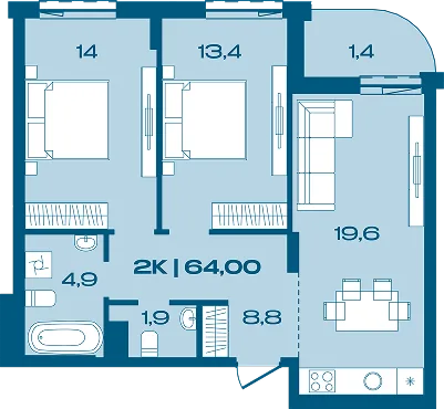 Планування 2-кімнатної квартири 64,00 м² в Porto Franko